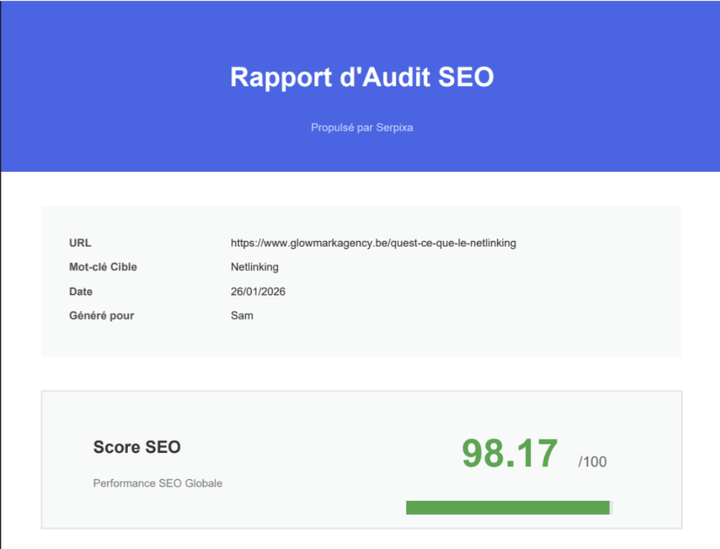 Rapport d’audit SEO Serpixa montrant le score et les principaux problèmes