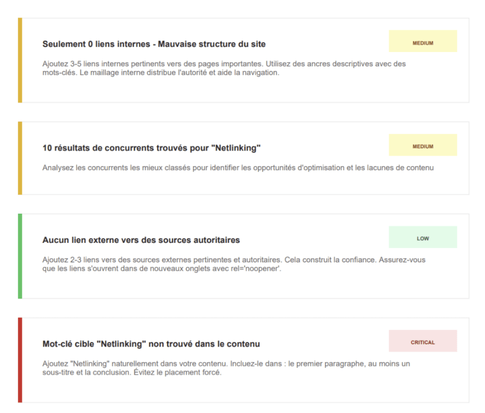 Liste de recommandations Serpixa avec priorités et actions